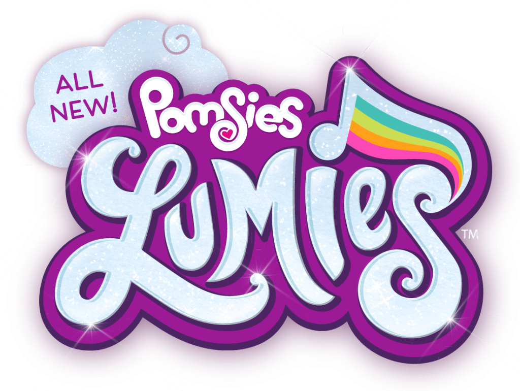 Colourful logo for "Pomsies Lumies" features sparkly, curling white letters outlined in purple, a rainbow-striped musical note, and a cloud with “ALL NEW!” written in pink, all set against a white background.