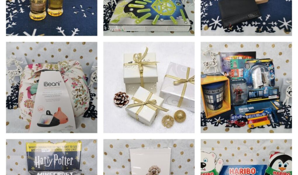 A 3x3 grid shows nine different gift ideas: wine bottles, a marble run toy, a wallet with a box, a soft pillow, wrapped presents, superhero toys, Harry Potter and Minecraft books, a dog illustration, and assorted Haribo sweets, all on festive backgrounds.