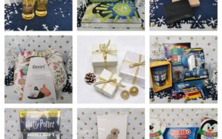A 3x3 grid shows nine different gift ideas: wine bottles, a marble run toy, a wallet with a box, a soft pillow, wrapped presents, superhero toys, Harry Potter and Minecraft books, a dog illustration, and assorted Haribo sweets, all on festive backgrounds.