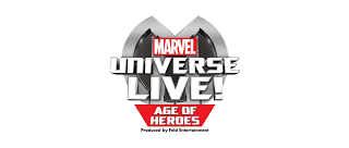 The image shows the "Marvel Universe LIVE! Age of Heroes" logo. The words are bold and metallic, with “Marvel” in red at the top, “UNIVERSE LIVE!” in the centre, and “AGE OF HEROES” in red below, against a stylised metallic background.