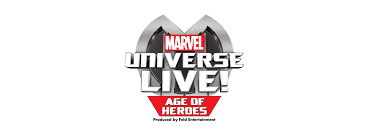 The image shows the "Marvel Universe LIVE! Age of Heroes" logo. The words are bold and metallic, with “Marvel” in red at the top, “UNIVERSE LIVE!” in the centre, and “AGE OF HEROES” in red below, against a stylised metallic background.