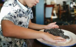 A young boy with short blond hair, wearing a white shirt with dark palm tree prints, sits at a wooden table. He presses his hands on dark, crumbly food on a white plate with a blue rim. A spoon lies on the table in front of him.
