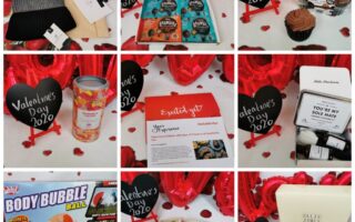 A 3x3 grid shows Valentine’s Day 2020 gifts: beanie and card, snacks box, chocolate cupcake, Pringles tube, restaurant gift voucher, small chocolates box, body bubble ball toy, gummy sweets, and a black quilted handbag. Red heart balloons and rose petals decorate the scene.