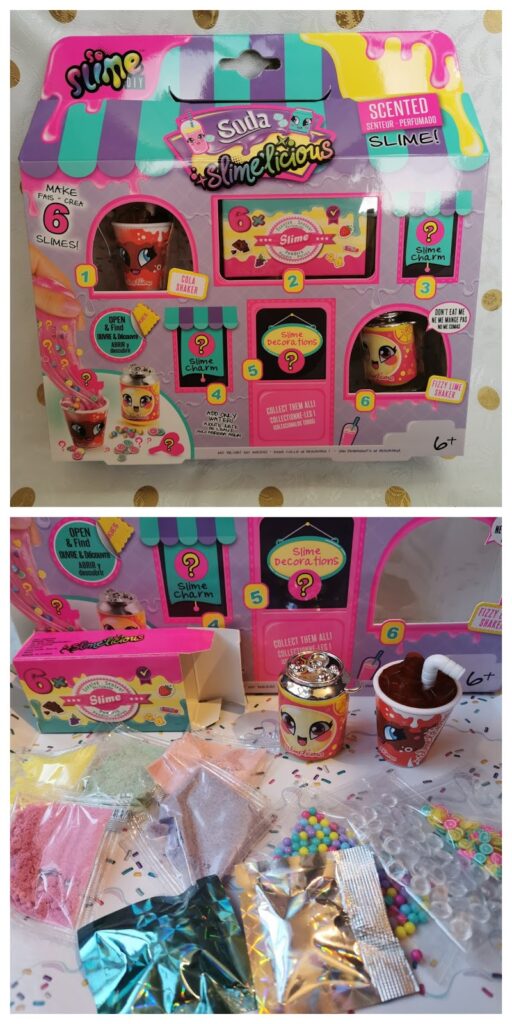 Two images show a colourful "Slimerlicious" slime kit. The top image displays the unopened kit box with cartoon drinks, labelled “Scented Slime” and “Make 6 Slimes!” The bottom image shows the opened kit, revealing slime containers, powders, beads, and packets.