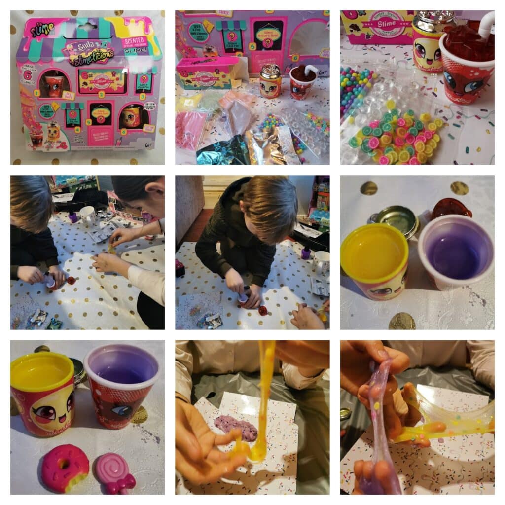 A collage of nine photos showing a child unboxing and playing with a slime toy set. The images display the colourful packaging, contents like beads and glitter, mixing of slime in cartoon cups, and the child stretching and decorating the slime on a table.