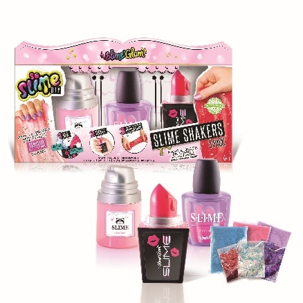 A pink and purple SlimeGlam "Slime Shakers" kit is shown. The box displays nail art and slime demonstrations. In front, there are two slime containers resembling nail varnish and lipstick, and four packets of coloured glitter and beads.