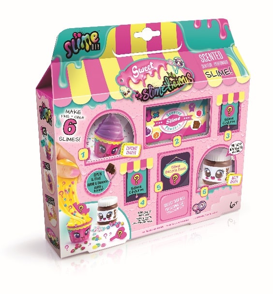 A colourful, pink-themed "Sweet Slimeations" toy kit box with sweet graphics. It promises scented slime, six slimes to make, and includes various containers shaped like sweet treats. The packaging features cartoon eyes and playful illustrations. Suitable for ages 6+.