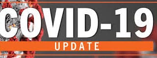 A close-up of a COVID-19 virus illustration appears on the left. Large bold white text reads "COVID-19" on a dark background, with "UPDATE" in smaller white text inside an orange bar below. An orange border frames the right side of the image.