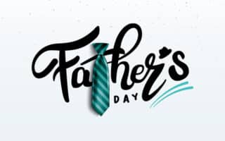 The image features the words "Father’s Day" in bold, black, cursive script. A green-and-teal striped necktie is placed vertically, forming the letter "t" in "Father’s." Two blue curved lines accent the design on the lower right-hand side.