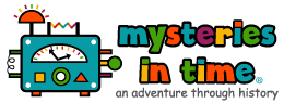 A colourful logo with a whimsical time machine on the left and the text “mysteries in time” in bright, playful letters on the right. Below, it says “an adventure through history” in a handwritten-style font.