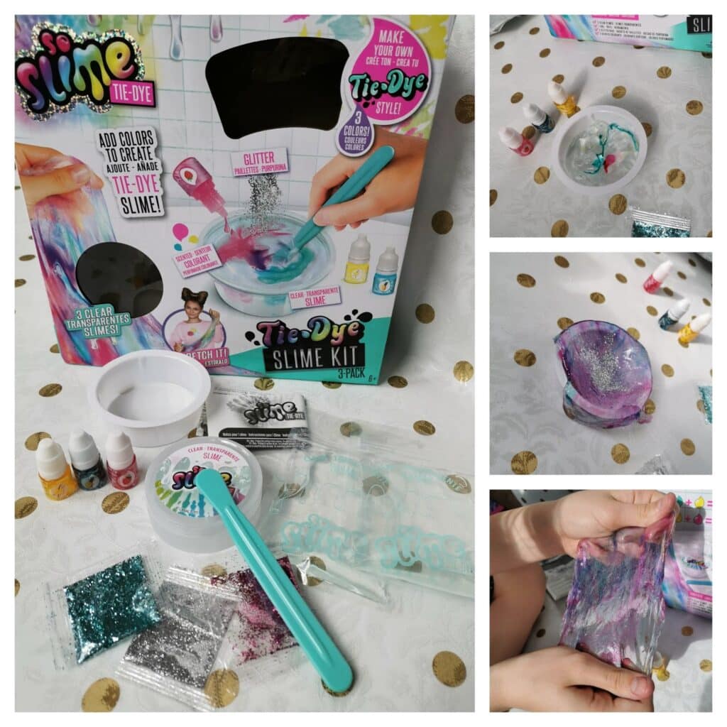 Collage showing a tie-dye slime kit box, bottles, powders, tools, glitter, and a clear plastic cup. Other images show hands mixing and stretching colourful purple, blue, and pink slime with added glitter on a white table with gold dots.