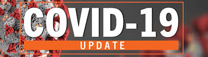 Banner with a close-up image of a COVID-19 virus particle on the left. Large white text reads “COVID-19” and an orange bar below displays the word “UPDATE” in white capital letters on a dark grey background.