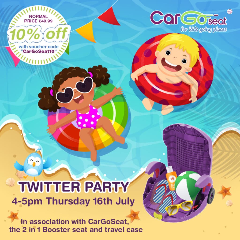 Illustration of a girl and boy in swimming costumes floating in colourful pool rings, smiling. Text advertises a Twitter party for CarGoSeat on 16 July, 4–5pm, with a 10% discount and an image of a purple CarGoSeat booster filled with children’s items.