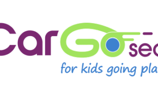 Logo for "CarGo seat." "Car" and "seat" are in purple, "Go" is bright green with a stylised wheel motif, and "for children going places" is written in blue script underneath. The background is light grey.