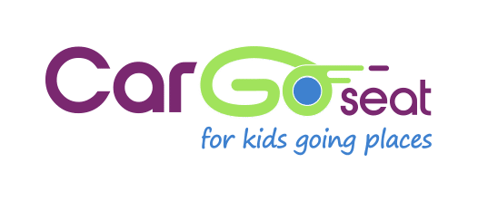 Logo for "CarGo seat." "Car" and "seat" are in purple, "Go" is bright green with a stylised wheel motif, and "for children going places" is written in blue script underneath. The background is light grey.