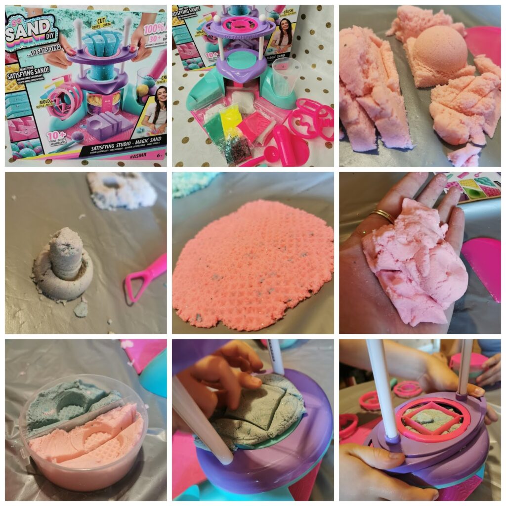 A collage shows a sand play kit with moulds, tools, and colourful kinetic sand. Close-ups display shaping, moulding, and textured pressing of pink and green sand with hands and tools, highlighting hands-on creative play.