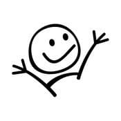 Simple black stick figure drawing of a smiling face with two arms raised upward in a joyful gesture. The face has two dots for eyes and a curved line for a mouth, all on a white background.