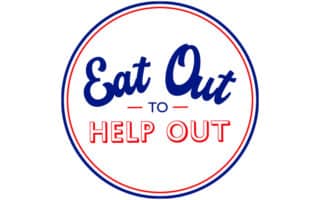 A circular logo with a white background, outlined in red and blue. Inside, the blue script text reads "Eat Out," and below it, in red capital letters, it says "HELP OUT." The word "TO" in smaller blue letters is between the phrases.