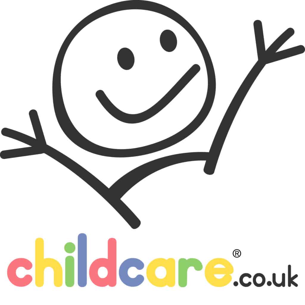 A simple black stick figure with a smiling face and raised arms is above the colourful text "childcare.co.uk." Each letter in "childcare" is in a different pastel shade, while ".co.uk" is in black. The overall design is cheerful and playful.