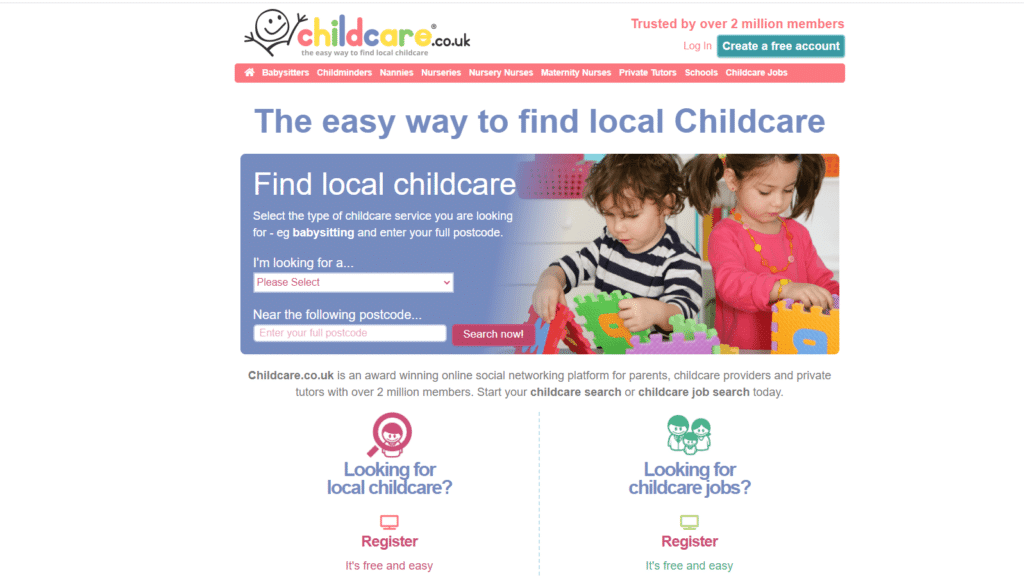 Screenshot of Childcare.co.uk’s homepage. It shows a blue search box to find local childcare, photos of two young children playing with toys, a pink header and navigation bar, and options to register for childcare or childcare jobs below the search area.