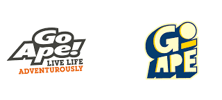 Two logos for "Go Ape." Left: bold black and white text with "Go Ape! Live Life Adventurously" and "Adventurously" in orange. Right: playful yellow-and-blue text with stylised letters, including a large yellow circle above the "I.