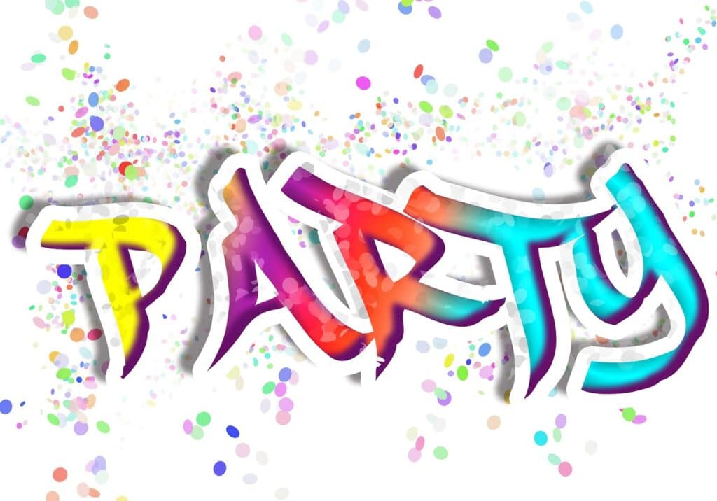 The word "PARTY" appears in bold, colourful graffiti-style letters with a white outline, set against a white background with multicoloured confetti scattered around, creating a festive and energetic atmosphere.