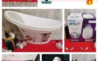 A collage features baby gift ideas, including a wrapped box, baby bath, Philips Avent bottle warmer, grooming kits, board game, and a baby in a red babygro, with the title “Mummy Of 3 Diaries My Little Gift Guide 2020” on a festive red background.
