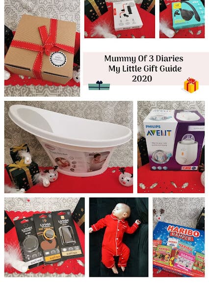 A collage features baby gift ideas, including a wrapped box, baby bath, Philips Avent bottle warmer, grooming kits, board game, and a baby in a red babygro, with the title “Mummy Of 3 Diaries My Little Gift Guide 2020” on a festive red background.