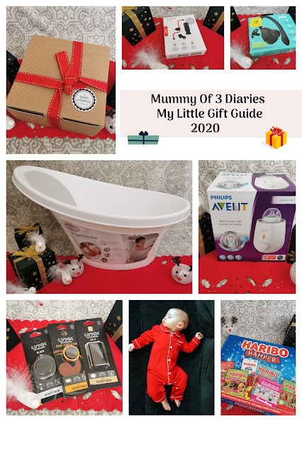 A collage features baby gift ideas, including a wrapped box, baby bath, Philips Avent bottle warmer, grooming kits, board game, and a baby in a red babygro, with the title “Mummy Of 3 Diaries My Little Gift Guide 2020” on a festive red background.