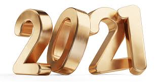 The image shows shiny, metallic gold numbers forming "2021" on a white background. The numbers are bold, three-dimensional, and slightly overlapping, giving a sense of depth and celebration.