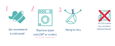 Step-by-step laundry instructions with icons: 1. Cold soak recommended (bucket icon). 2. Machine wash cold, 30°C or under (machine icon, pink note). 3. Hang to dry (peg icon). 4. Do not tumble dry, use fabric conditioner, or bleach (red X over tumble dryer icon).