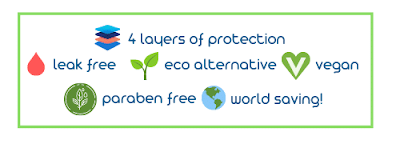 Infographic with icons and text: 4 layers of protection, leak-free (red drop), eco alternative (green sprout), vegan (green heart V), paraben-free (green leaf stamp), world-saving! (Earth icon), all in a green-bordered box.