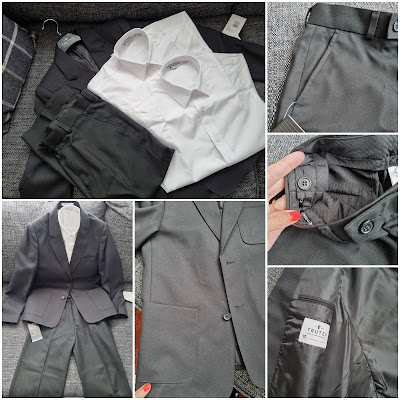 A collage of six photos showing a black suit with trousers and two white shirts on a grey surface, close-ups of suit details like a waistband button and inner pocket label, and a full view of the suit laid out. A hand with red nail varnish appears in one photo.