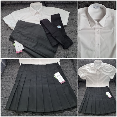 A white short-sleeve button-up shirt, a pleated dark grey skirt, and black tights are displayed separately and together on a grey surface. Each item has a tag attached, shown from multiple angles in four photos arranged in a collage.