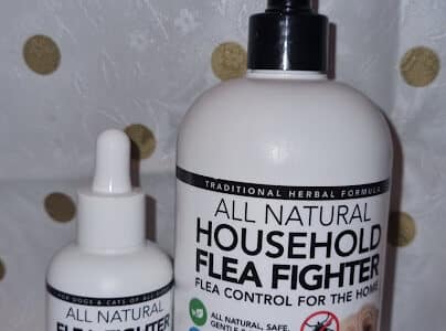 Two bottles of flea treatment products are shown. The smaller dropper bottle is labelled "All Natural Flea Fighter Flea Repellent for Pets." The larger spray bottle reads "All Natural Household Flea Fighter, Flea Control for the Home" with a dog pictured on the label.