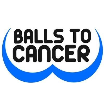 The image features the phrase "BALLS TO CANCER" in bold black letters. The text is framed by two curved blue lines resembling the shape of a pair of testicles, visually reinforcing the charity’s focus on testicular cancer awareness.