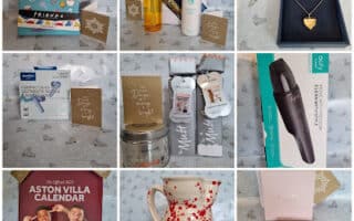 A collage of nine images displays gift items, including books, skincare sets, jewellery in blue boxes, a football calendar, beauty tools, a ceramic jug with red spots, and cards with gold writing, arranged on a festive, patterned background.
