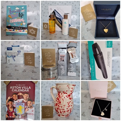A collage of nine images displays gift items, including books, skincare sets, jewellery in blue boxes, a football calendar, beauty tools, a ceramic jug with red spots, and cards with gold writing, arranged on a festive, patterned background.