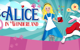 Colourful illustration of Alice in a blue dress and white apron holding a red bottle, next to the White Rabbit in a red coat holding a pocket watch. “Alice in Wonderland” is in bold letters. Pink flamingos and tarts are in the whimsical background.