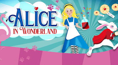 Colourful illustration of Alice in a blue dress and white apron holding a red bottle, next to the White Rabbit in a red coat holding a pocket watch. “Alice in Wonderland” is in bold letters. Pink flamingos and tarts are in the whimsical background.
