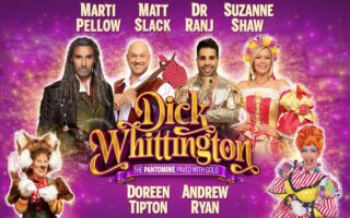Six actors in colourful costumes pose in front of a purple sparkly background with the text "Dick Whittington" in gold. Their names—Marti Pellow, Matt Slack, Dr Ranj, Suzanne Shaw, Doreen Tipton, and Andrew Ryan—are listed above and below them.