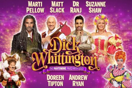 Six actors in colourful costumes pose in front of a purple sparkly background with the text "Dick Whittington" in gold. Their names—Marti Pellow, Matt Slack, Dr Ranj, Suzanne Shaw, Doreen Tipton, and Andrew Ryan—are listed above and below them.
