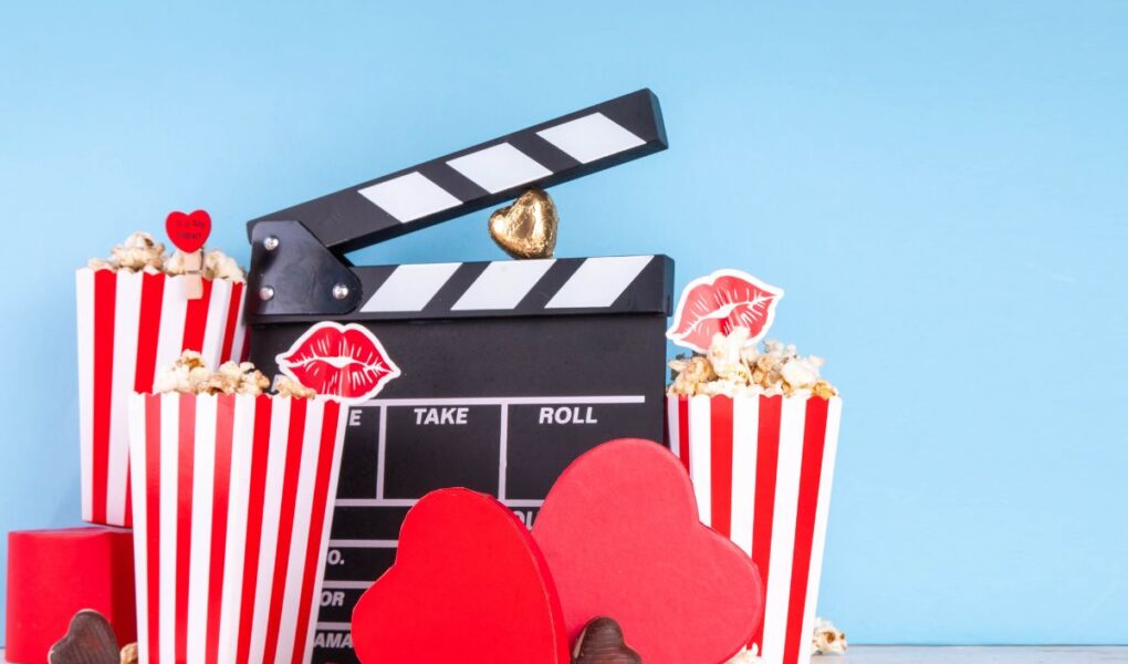 A film clapperboard sits among red-and-white striped popcorn tubs, red heart shapes, and chocolates against a light blue background. Popcorn is decorated with red lips and heart toppers, creating a festive, romantic film night setup.