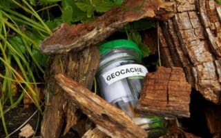 A jar with a label in the middle of a pile of wood.