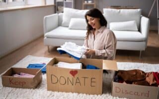 A woman sits on a carpeted floor in a lounge, smiling as she sorts clothes into three cardboard boxes labelled “Keep,” “Donate” with a red heart, and “Discard.” The room has a white sofa and bright natural light from large windows.