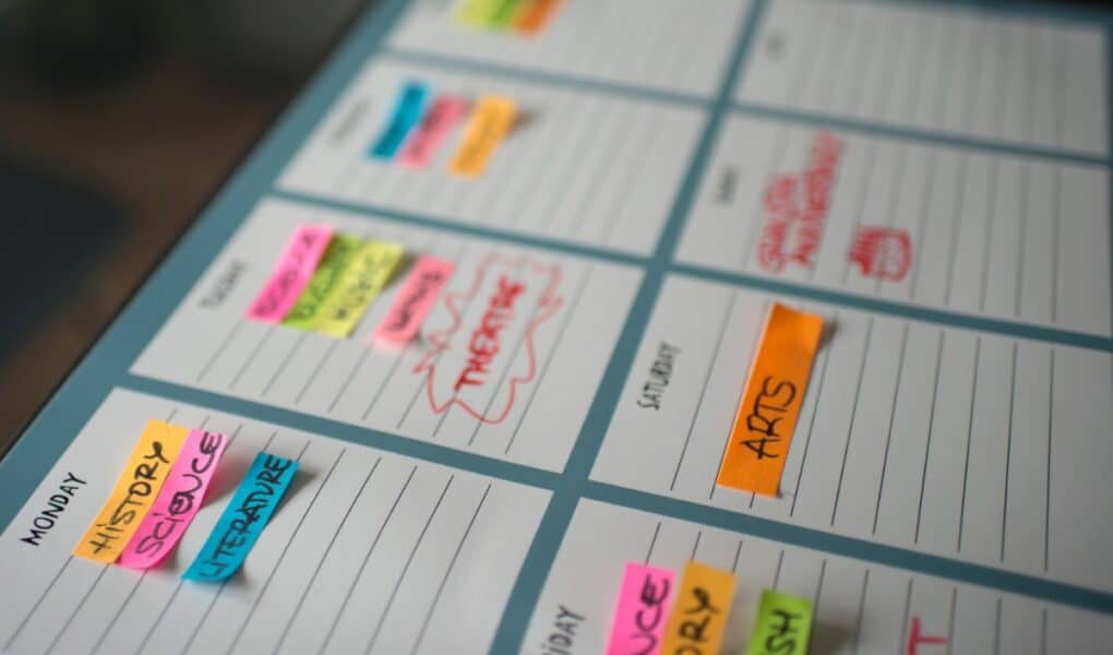 A close-up of a weekly planner with days labelled and colourful sticky notes for tasks like “History,” “Science,” “Literature,” “Therapy,” and “Arts.” The planner pages are organised; the notes are handwritten and colour-coded by subject.