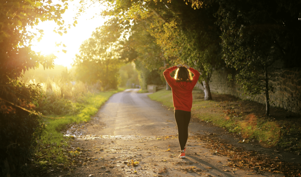 A person in a red jumper and black trousers walks alone down a sunlit, tree-lined path covered with fallen leaves, holding their hands behind their head. The sun is low, casting a warm golden light through the trees on the left.
