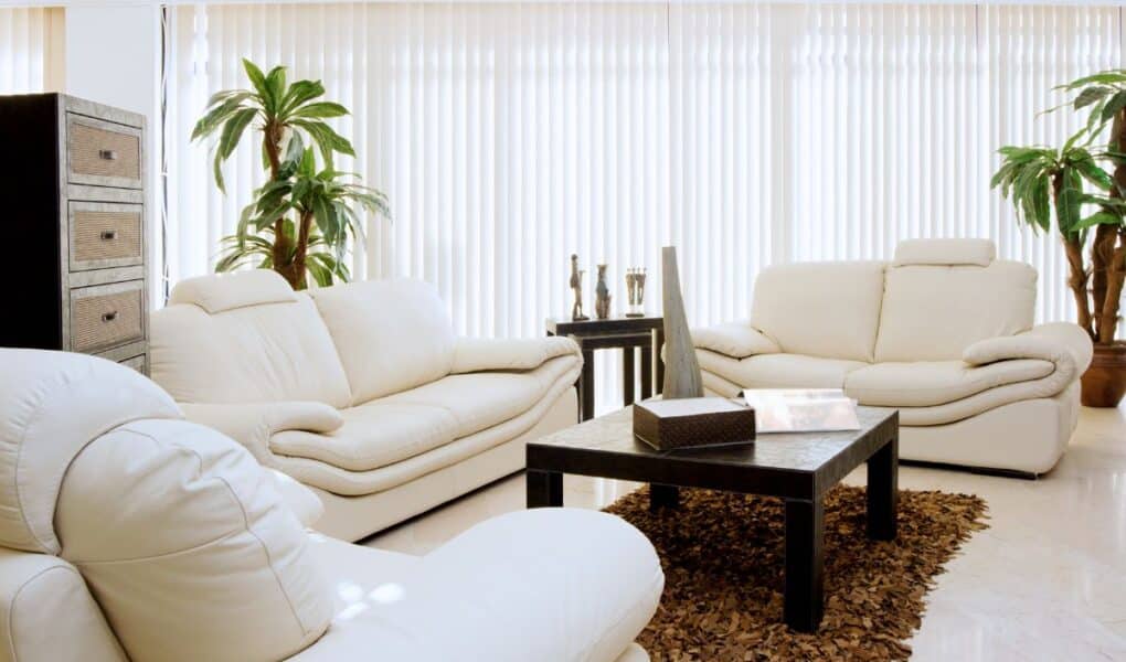 Modern living room with three cream-coloured leather sofas around a dark rectangular coffee table on a brown textured rug. Tall potted plants, decorative vases on the table, and vertical blinds cover large windows, filling the room with natural light.