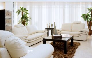 Modern living room with three cream-coloured leather sofas around a dark rectangular coffee table on a brown textured rug. Tall potted plants, decorative vases on the table, and vertical blinds cover large windows, filling the room with natural light.