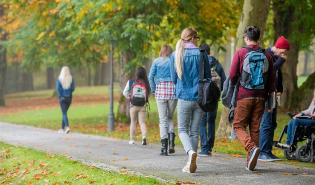 A group of people, mostly young adults, walk on a tarmac path through a park with green grass and autumn trees. Some wear rucksacks and jackets. One person uses a wheelchair. Fallen leaves are scattered on the ground.